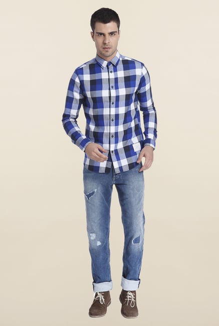 Jack & Jones Navy Slim Fit Checks Shirt Jack & Jones Navy Slim Fit Checks Shirt