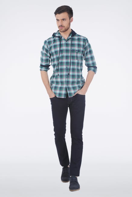 Basics Green Checkered Hood Shirt Basics Green Checkered Hood Shirt