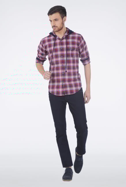 Basics Red Checkered Hood Shirt Basics Red Checkered Hood Shirt