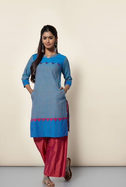 Okhai Blue Geometric Henley Kurta Okhai Blue Geometric Henley Kurta