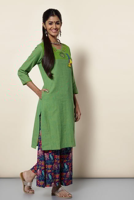 Okhai Green Pinstriped Printed Kurta Okhai Green Pinstriped Printed Kurta