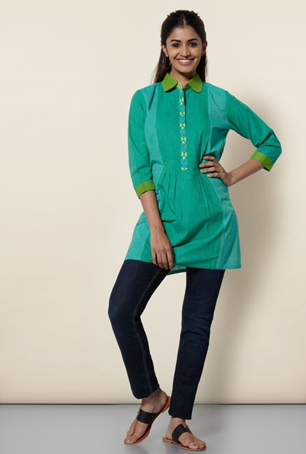 Okhai Green Cotton Pinstriped Kurti Okhai Green Cotton Pinstriped Kurti