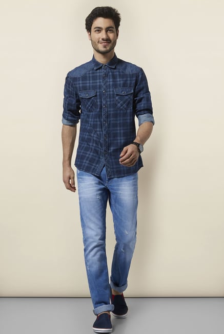 celio* Indigo Checked Regular Fit Shirt celio* Indigo Checked Regular Fit Shirt