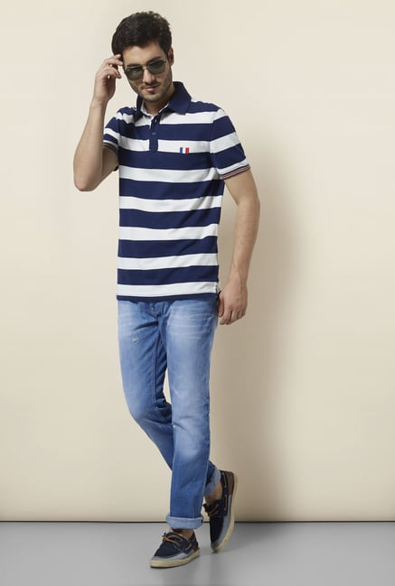 celio* White & Navy Striped Polo T-Shirt celio* White & Navy Striped Polo T-Shirt