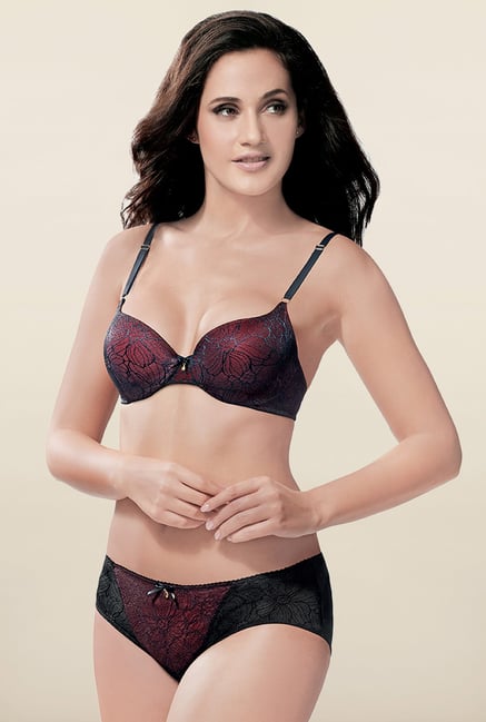 Amante Wine Red & Black Lace Hipster Panty Amante Wine Red & Black Lace Hipster Panty