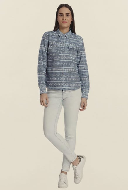 Vero Moda Blue Denim Printed Shirt Vero Moda Blue Denim Printed Shirt