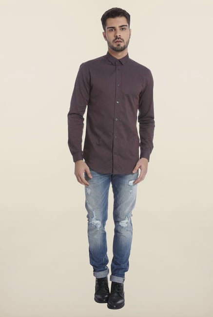 Jack & Jones Maroon Self Printed Casual Shirt Jack & Jones Maroon Self Printed Casual Shirt