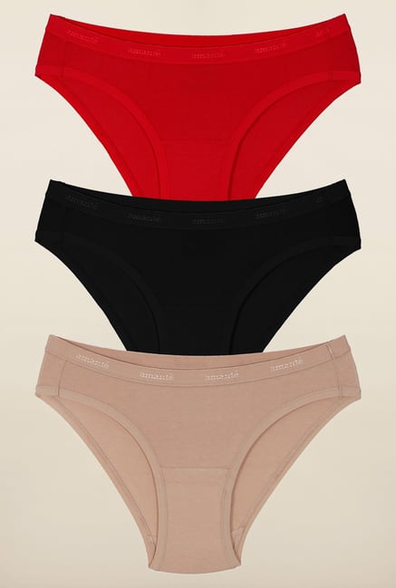 Amante Red, Beige and Black Bikini Panties (Pack Of 3) Amante Red, Beige and Black Bikini Panties (Pack Of 3)