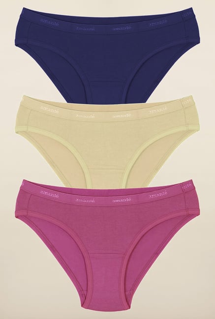 Amante Pink, Beige and Blue Bikini Panties (Pack Of 3) Amante Pink, Beige and Blue Bikini Panties (Pack Of 3)