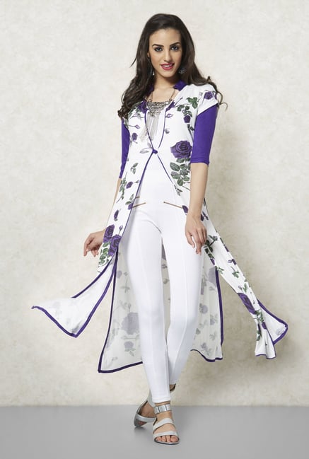 Ira Soleil Purple And White Rose Printed Long Kurta Ira Soleil Purple And White Rose Printed Long Kurta