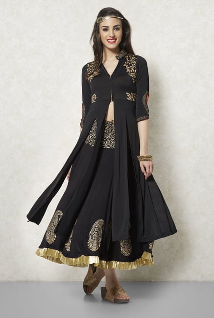 Ira Soleil Black And Gold Printed Long Kurta Ira Soleil Black And Gold Printed Long Kurta
