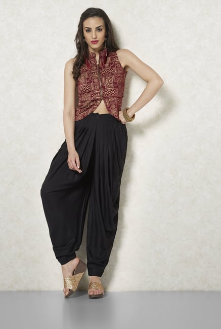 Ira Soleil Maroon And Gold Printed Vest Ira Soleil Maroon And Gold Printed Vest