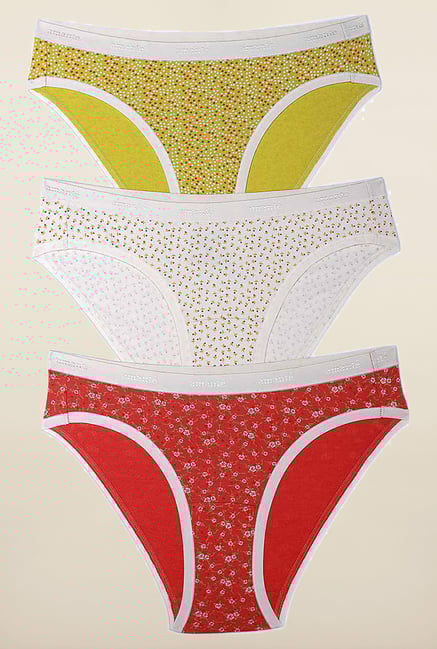Amante Red, Yellow and White Bikini Panties (Pack Of 3) Amante Red, Yellow and White Bikini Panties (Pack Of 3)