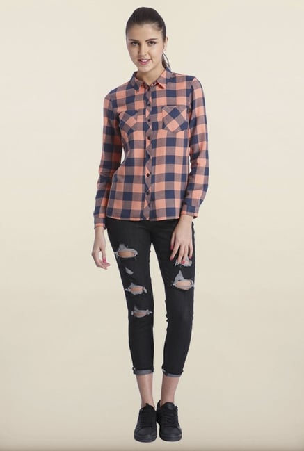 Only Blue & Peach Checked Casual Shirt Only Blue & Peach Checked Casual Shirt