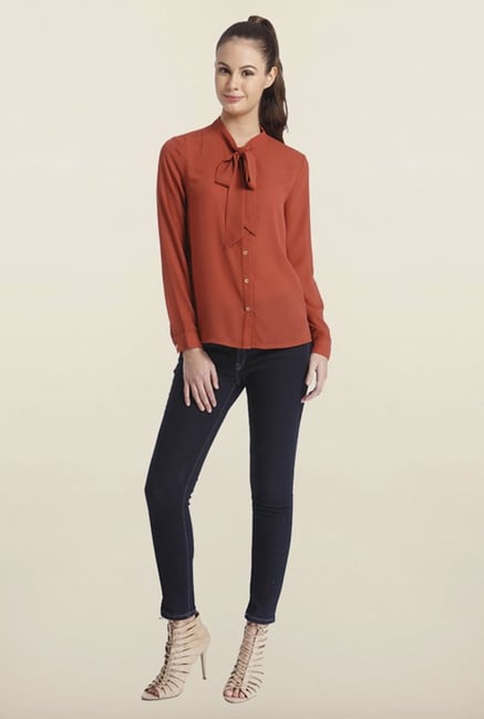 Only Red Tie-Neck Solid Shirt Only Red Tie-Neck Solid Shirt