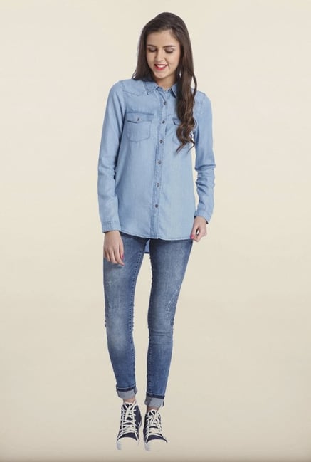 Only Denim Blue Solid Casual Shirt Only Denim Blue Solid Casual Shirt