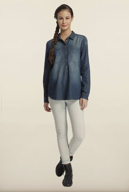 Only Denim Blue Solid Casual Shirt Only Denim Blue Solid Casual Shirt