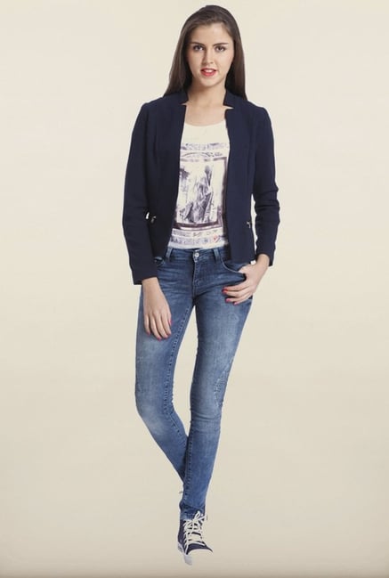 Only Dark Blue Solid Casual Blazer Only Dark Blue Solid Casual Blazer