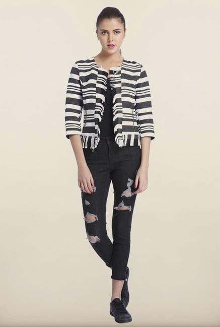 Only White And Black Striped Casual Blazer Only White And Black Striped Casual Blazer