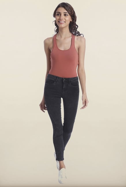 Only Black Acid Wash Jeans with Biker Details on the Knee Only Black Acid Wash Jeans with Biker Details on the Knee