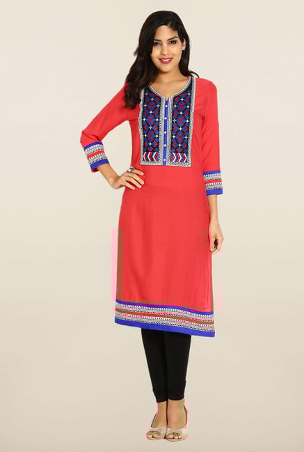 Soch Coral & Blue Embroidered Kurta Soch Coral & Blue Embroidered Kurta