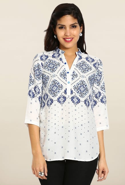 Soch White & Royal Blue Printed Short Kurti Soch White & Royal Blue Printed Short Kurti