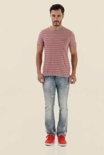 Jack & Jones Light Grey Striped Crew Neck T-Shirt Jack & Jones Light Grey Striped Crew Neck T-Shirt