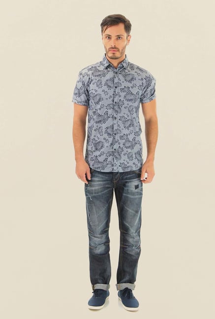 Jack & Jones Blue Printed Half Sleeves Casual Shirt Jack & Jones Blue Printed Half Sleeves Casual Shirt