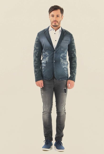 Jack & Jones Denim Blue Printed Casual Blazer Jack & Jones Denim Blue Printed Casual Blazer