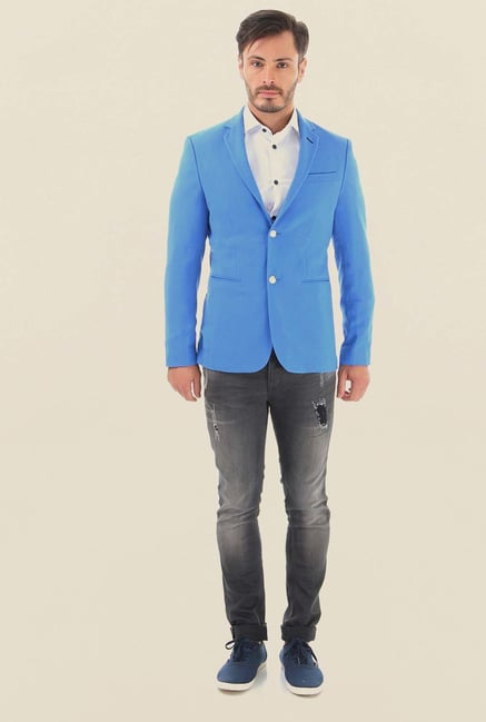 Jack & Jones Blue Solid Casual Blazer Jack & Jones Blue Solid Casual Blazer