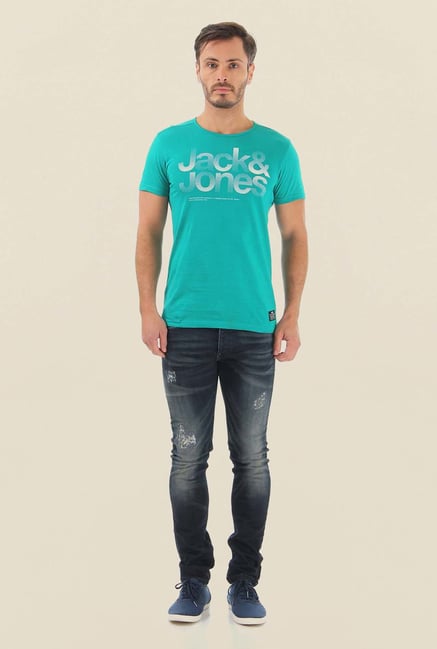 Jack & Jones Turquoise Printed Crew Neck T-Shirt Jack & Jones Turquoise Printed Crew Neck T-Shirt