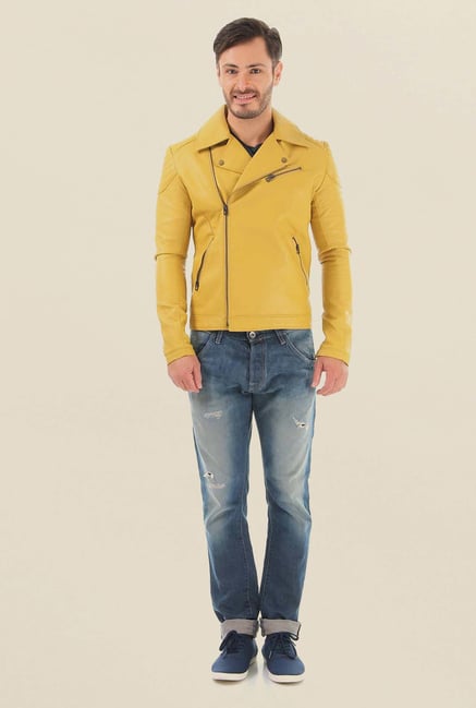 Jack & Jones Yellow Leather Casual Jacket Jack & Jones Yellow Leather Casual Jacket
