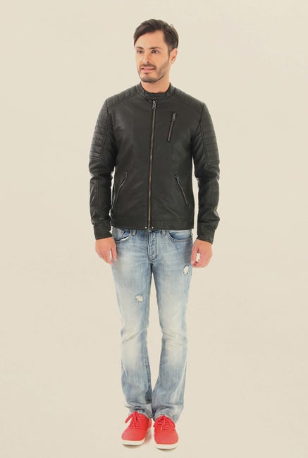 Jack & Jones Black Solid Leather Casual Jacket Jack & Jones Black Solid Leather Casual Jacket