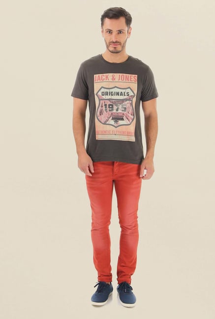 Jack & Jones Brown Printed Crew Neck T-Shirt Jack & Jones Brown Printed Crew Neck T-Shirt