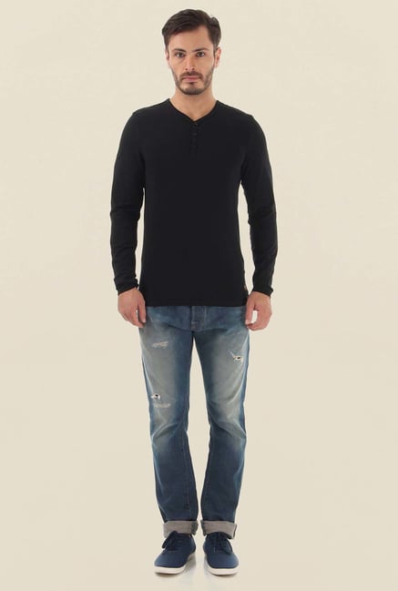 Jack & Jones Black Solid Henley Neck T-Shirt Jack & Jones Black Solid Henley Neck T-Shirt