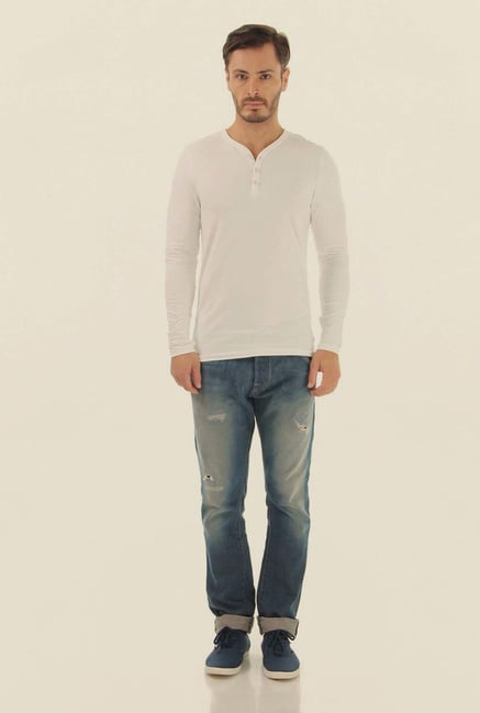 Jack & Jones White Solid Henley Neck T-Shirt Jack & Jones White Solid Henley Neck T-Shirt