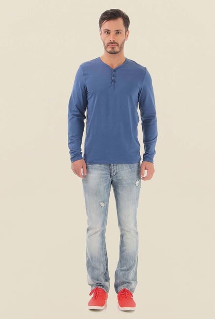 Jack & Jones Blue Solid Henley Neck T-Shirt Jack & Jones Blue Solid Henley Neck T-Shirt