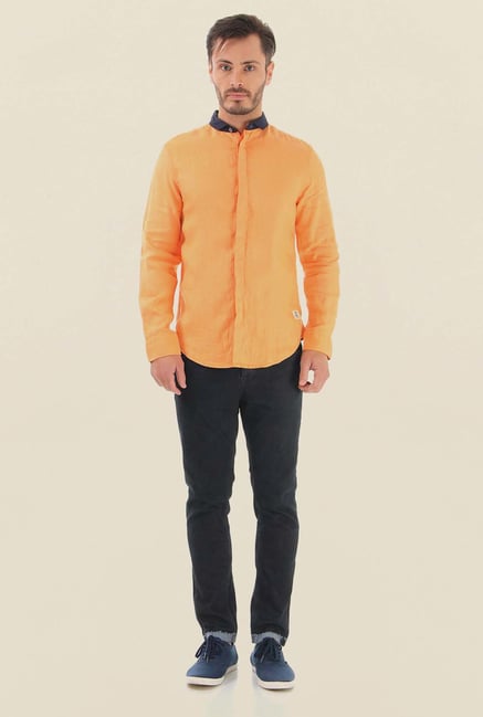 Jack & Jones Orange Solid Cotton Casual Shirt Jack & Jones Orange Solid Cotton Casual Shirt