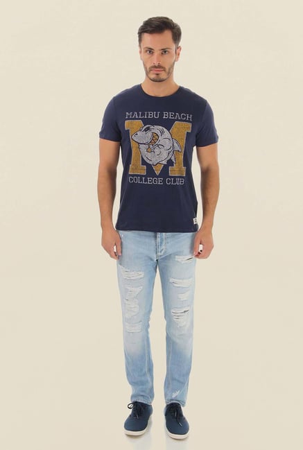 Jack & Jones Navy Printed Crew Neck Cotton T-Shirt Jack & Jones Navy Printed Crew Neck Cotton T-Shirt