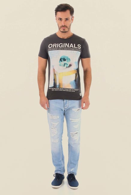 Jack & Jones Dark Grey Printed Crew Neck T-Shirt Jack & Jones Dark Grey Printed Crew Neck T-Shirt