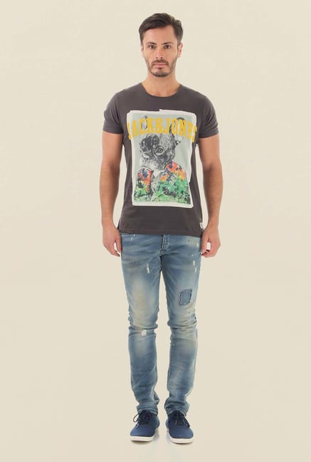 Jack & Jones Grey Printed Crew Neck T-Shirt Jack & Jones Grey Printed Crew Neck T-Shirt