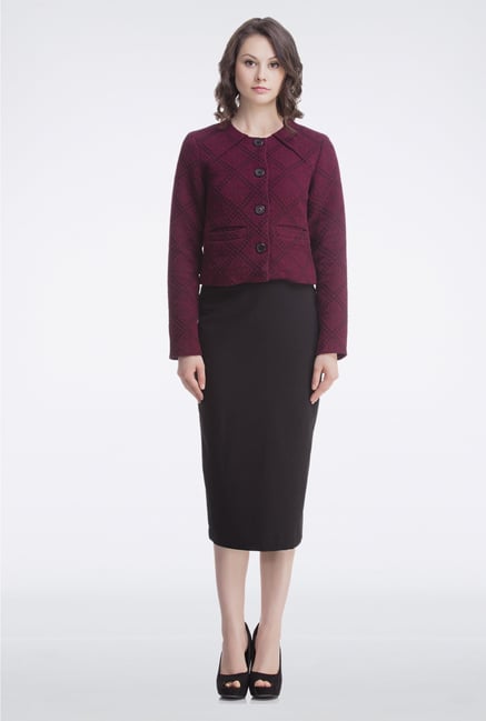 Femella Maroon Cropped Jacquard Blazer Femella Maroon Cropped Jacquard Blazer