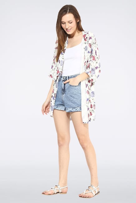 Femella White Floral Printed Kimono Cape Femella White Floral Printed Kimono Cape