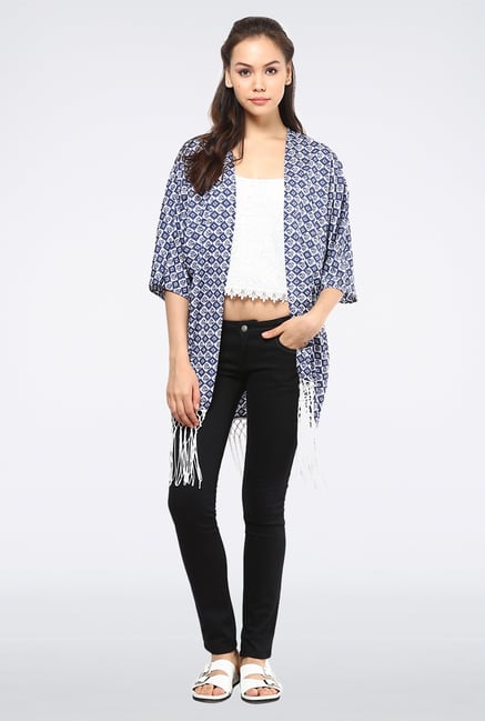 Femella Blue Printed Kimono Cape With Fringes Femella Blue Printed Kimono Cape With Fringes