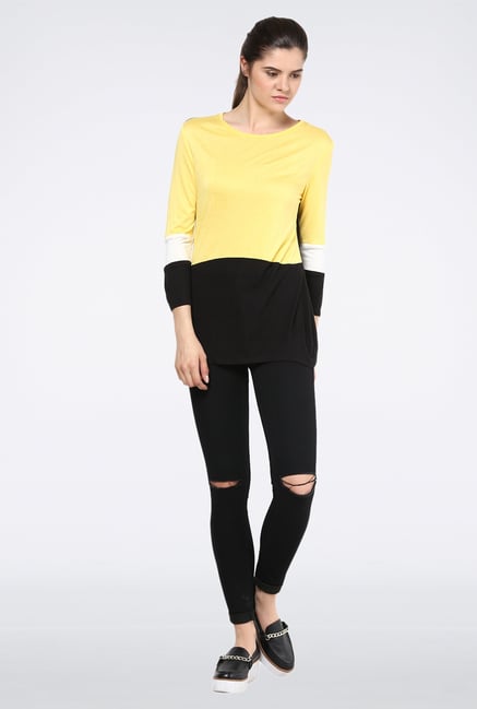 Femella Jet Black and Yellow Block Jersey Top Femella Jet Black and Yellow Block Jersey Top