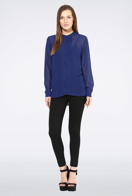 Femella Navy Blue Pleated Casual Shirt Femella Navy Blue Pleated Casual Shirt