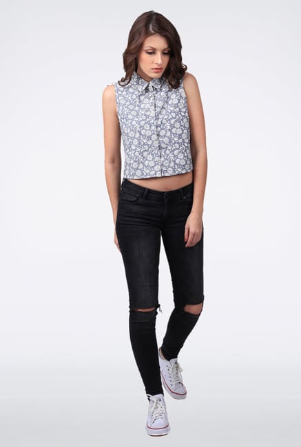 Femella Grey Chambray Crop Shirt Femella Grey Chambray Crop Shirt