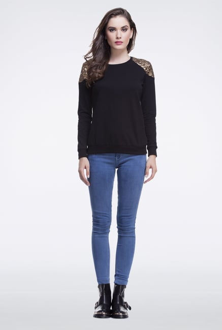 Femella Black Shoulder Sequins Pullover Femella Black Shoulder Sequins Pullover