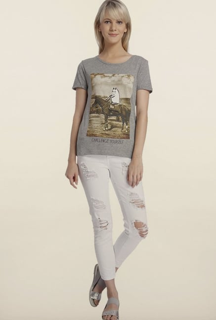 Vero Moda Light Grey Printed T-Shirt Vero Moda Light Grey Printed T-Shirt