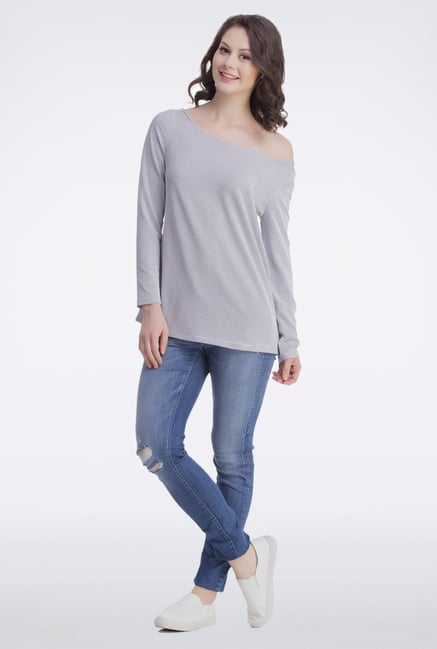 Femella Grey Off Shoulder Pullover Femella Grey Off Shoulder Pullover